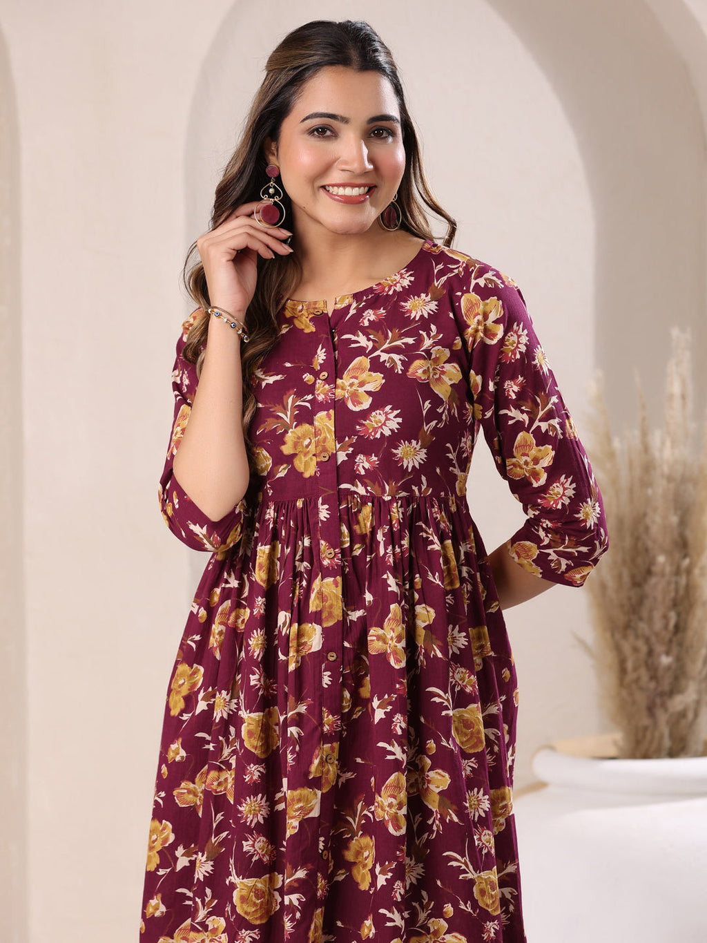 Janasya Dark Cotton Floral Gathered Dress | Grocsy