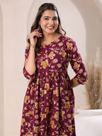 Janasya Dark Cotton Floral Gathered Dress | Grocsy