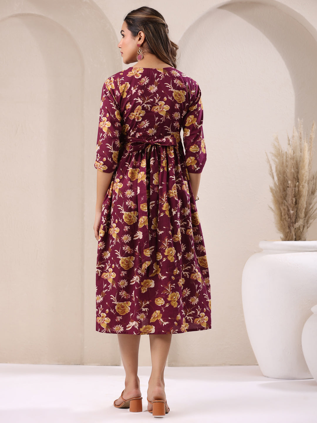 Janasya Dark Cotton Floral Gathered Dress | Grocsy