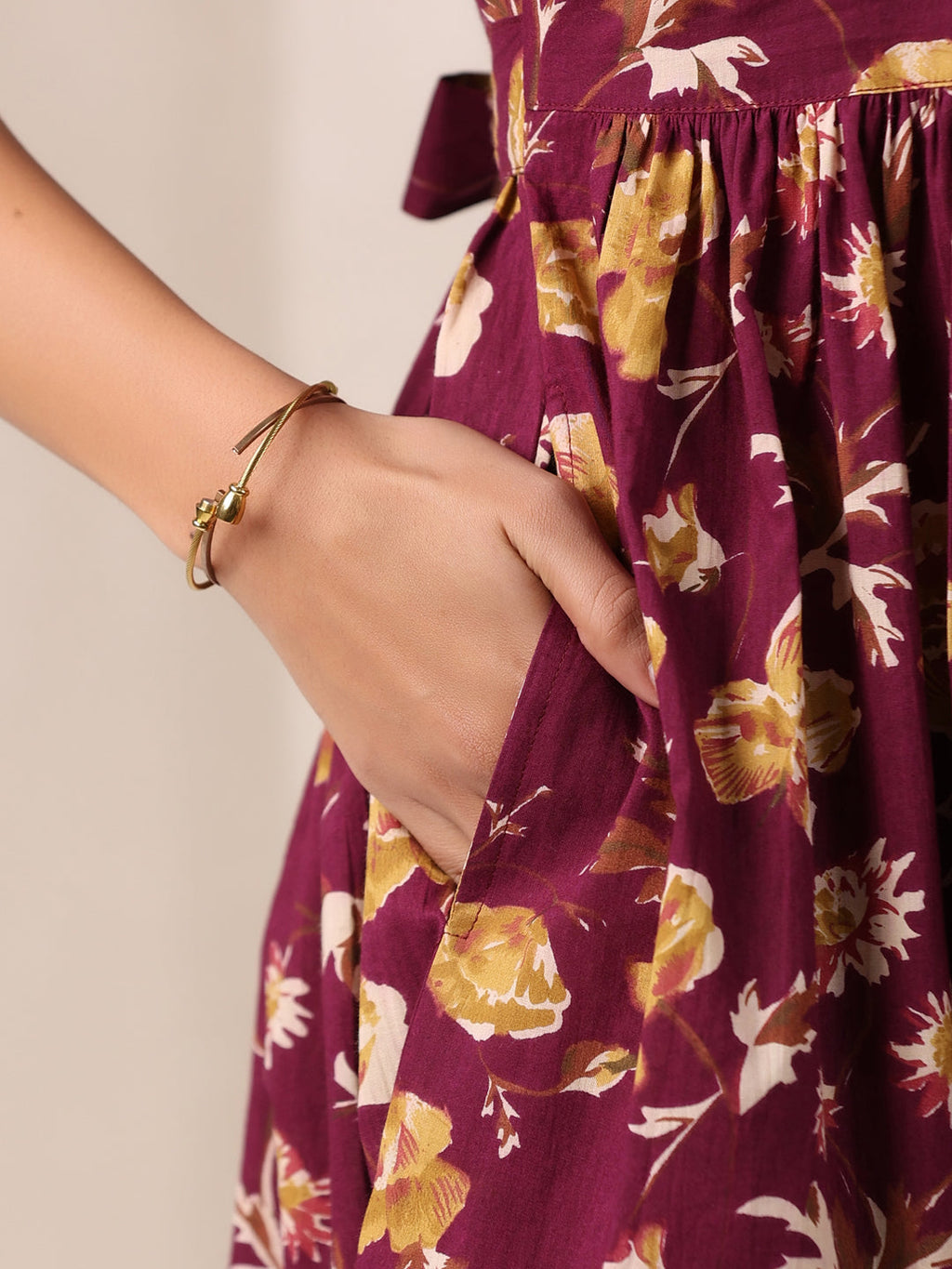 Janasya Dark Cotton Floral Gathered Dress | Grocsy