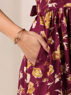 Janasya Dark Cotton Floral Gathered Dress | Grocsy