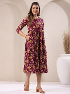 Janasya Dark Cotton Floral Gathered Dress | Grocsy
