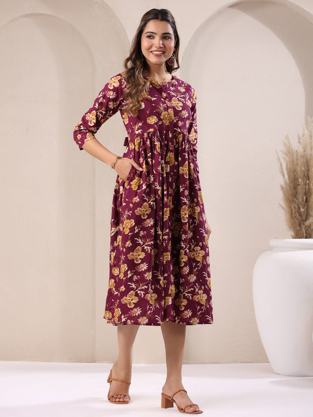 Janasya Dark Cotton Floral Gathered Dress | Grocsy