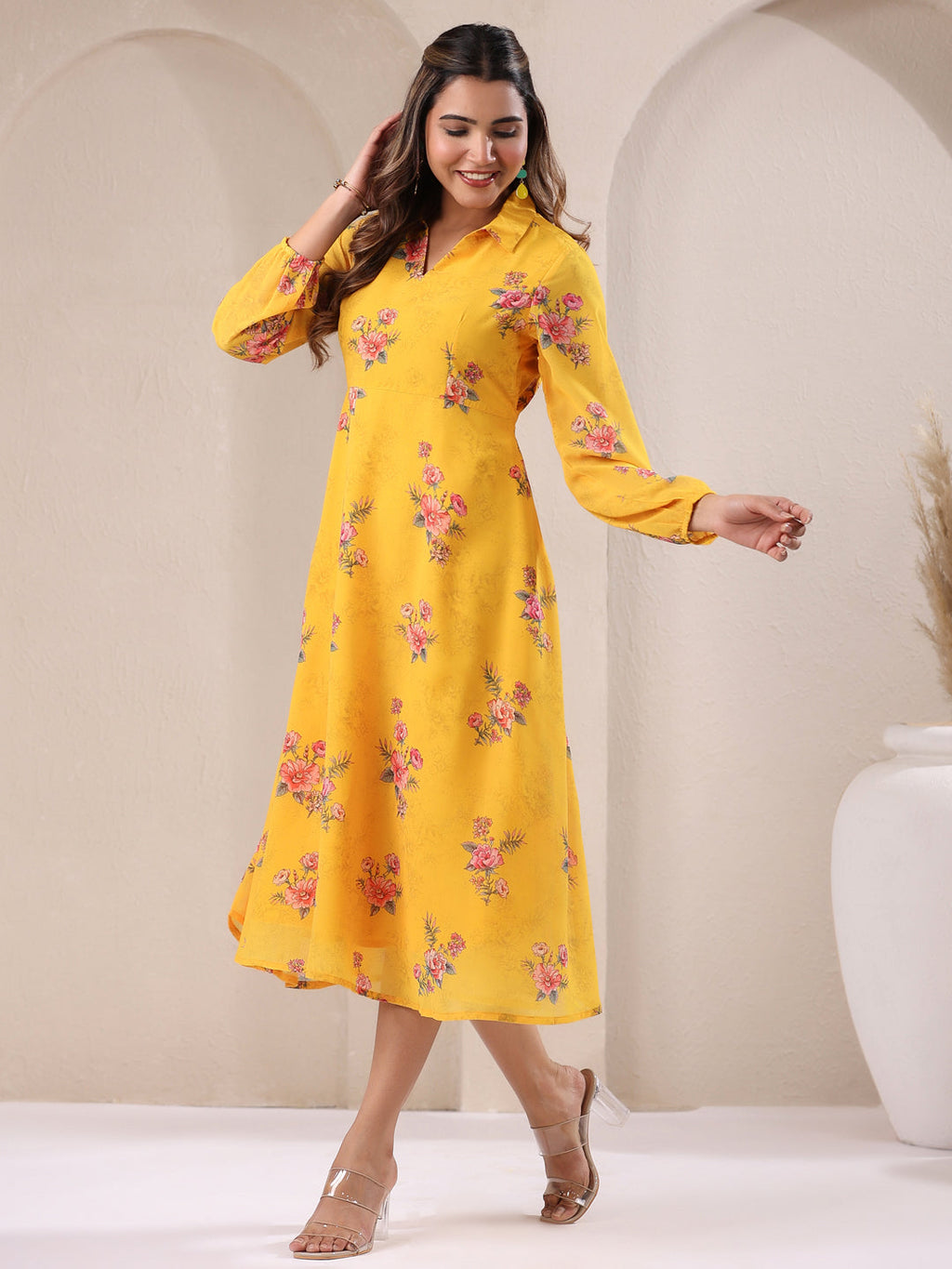 Janasya Bright Georgette Floral A-Line Dress | Grocsy
