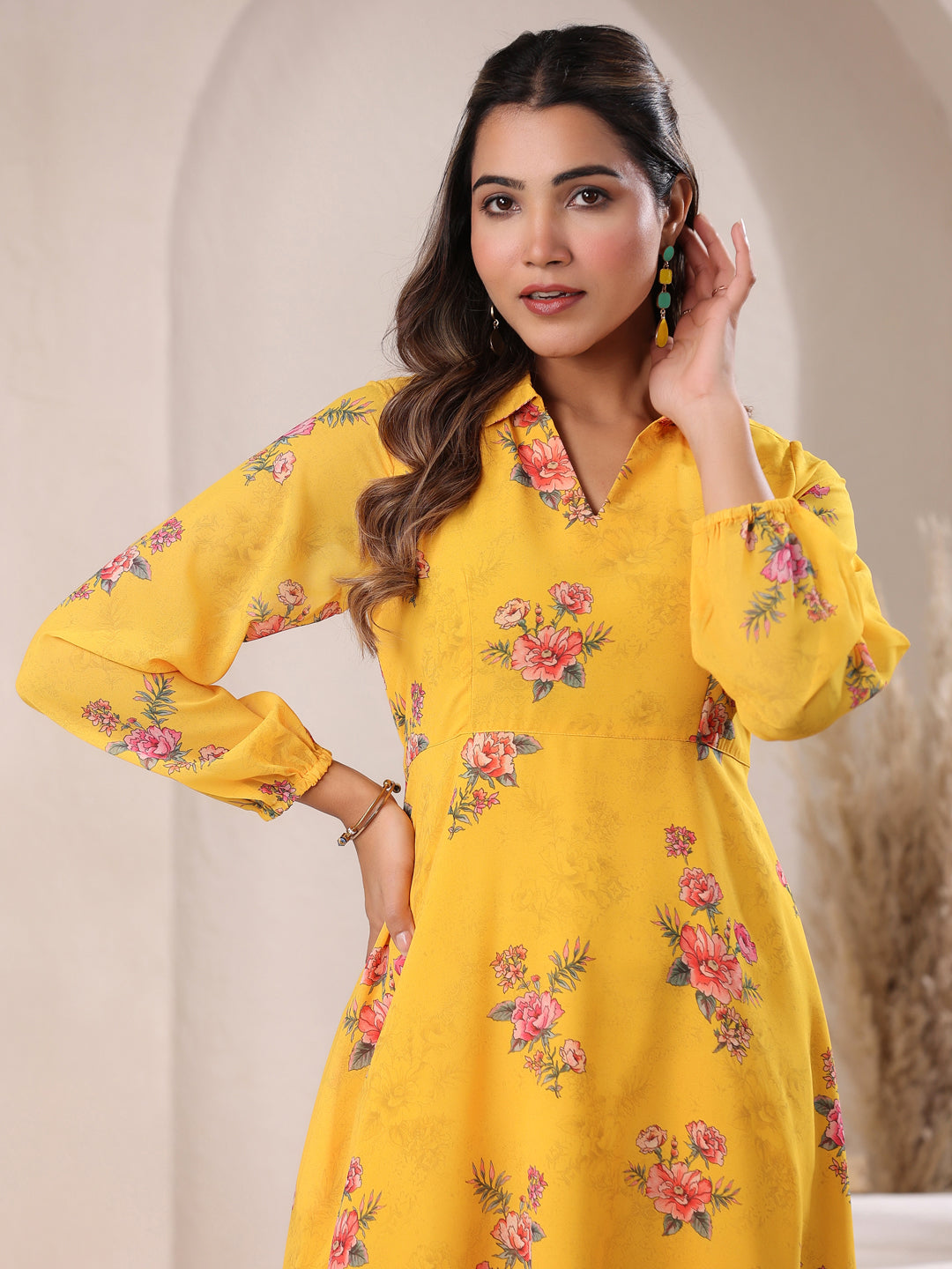 Janasya Bright Georgette Floral A-Line Dress | Grocsy