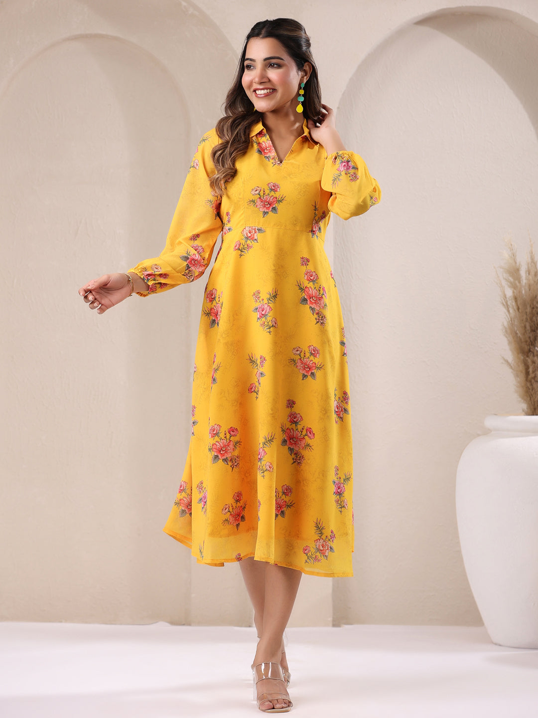 Janasya Bright Georgette Floral A-Line Dress | Grocsy
