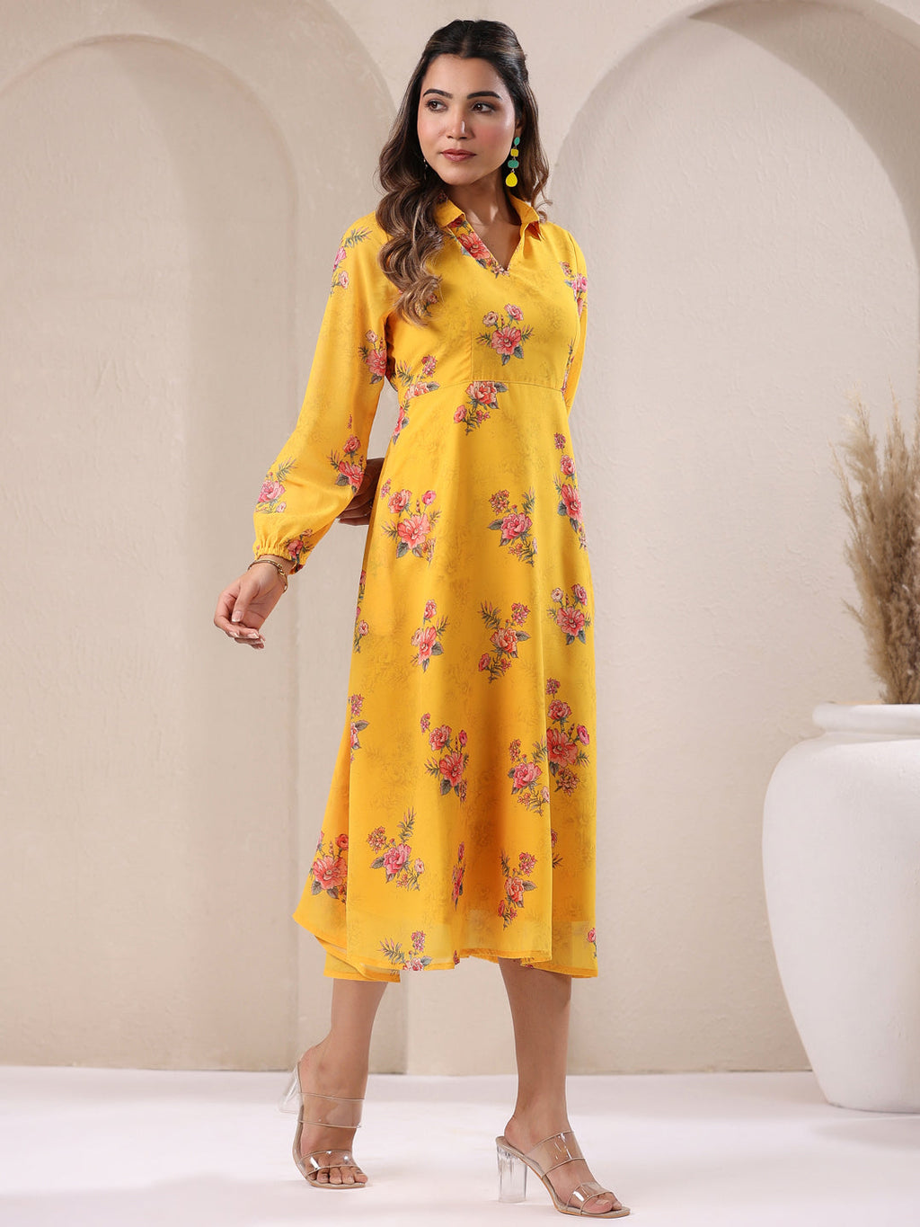 Janasya Bright Georgette Floral A-Line Dress | Grocsy