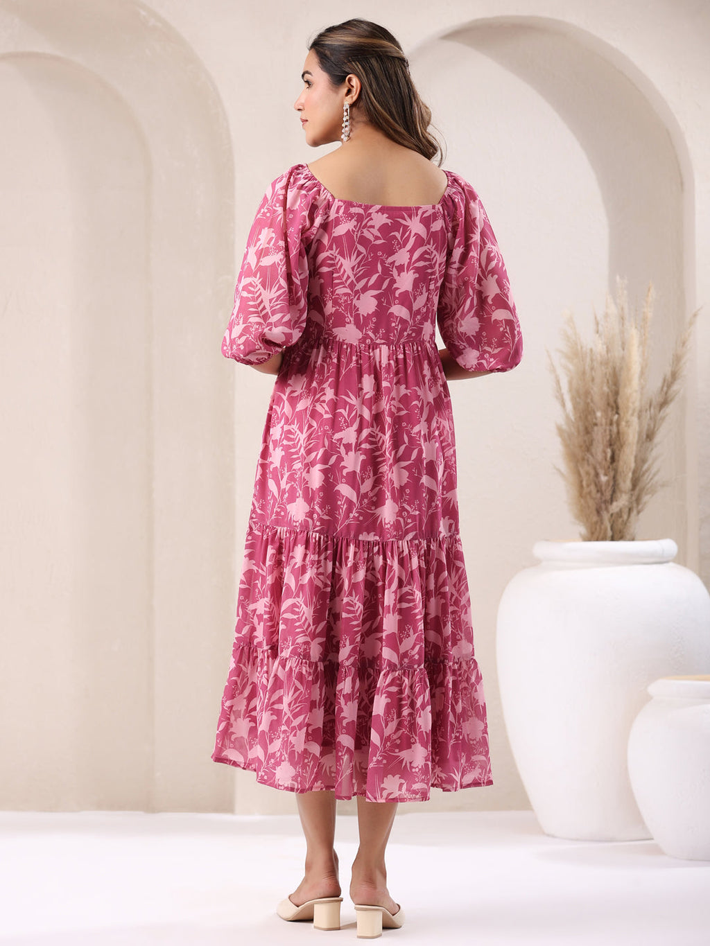 Janasya Dark Georgette Floral Tiered Dress | Grocsy