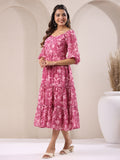 Janasya Dark Georgette Floral Tiered Dress | Grocsy