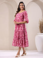 Janasya Dark Georgette Floral Tiered Dress | Grocsy