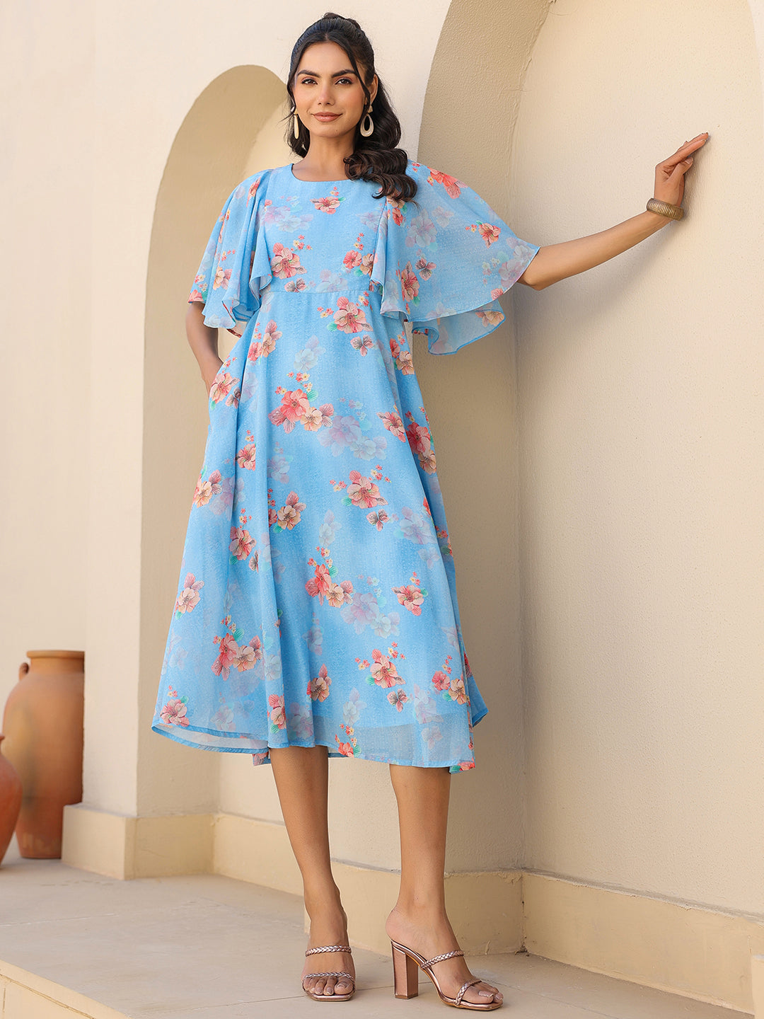 Janasya Bright Georgette Floral A-Line Dress | Grocsy