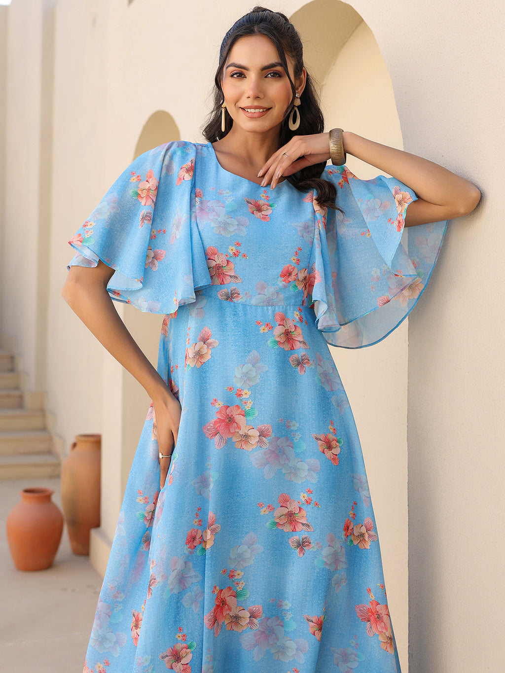 Janasya Bright Georgette Floral A-Line Dress | Grocsy