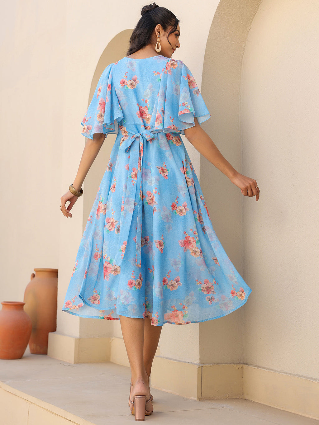 Janasya Bright Georgette Floral A-Line Dress | Grocsy