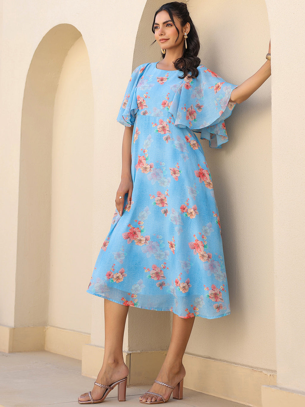 Janasya Bright Georgette Floral A-Line Dress | Grocsy