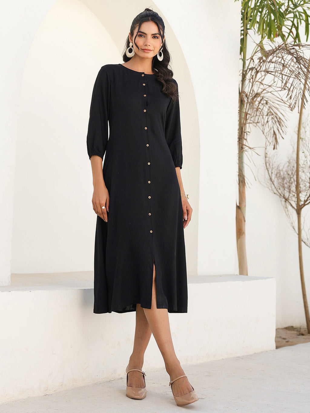Janasya Dark Rayon Solid A-Line DRESS | Grocsy