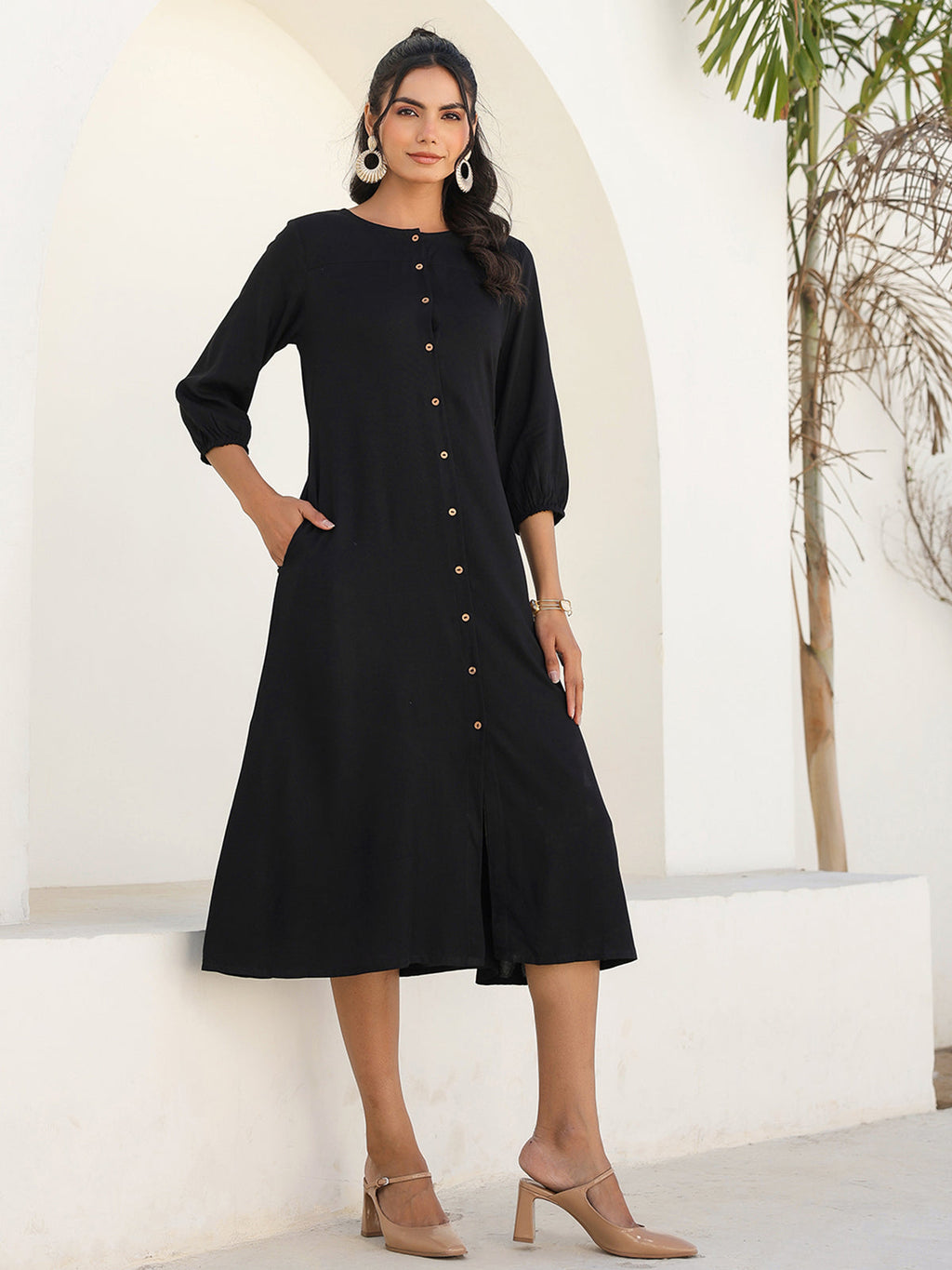 Janasya Dark Rayon Solid A-Line DRESS | Grocsy