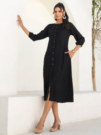 Janasya Dark Rayon Solid A-Line DRESS | Grocsy