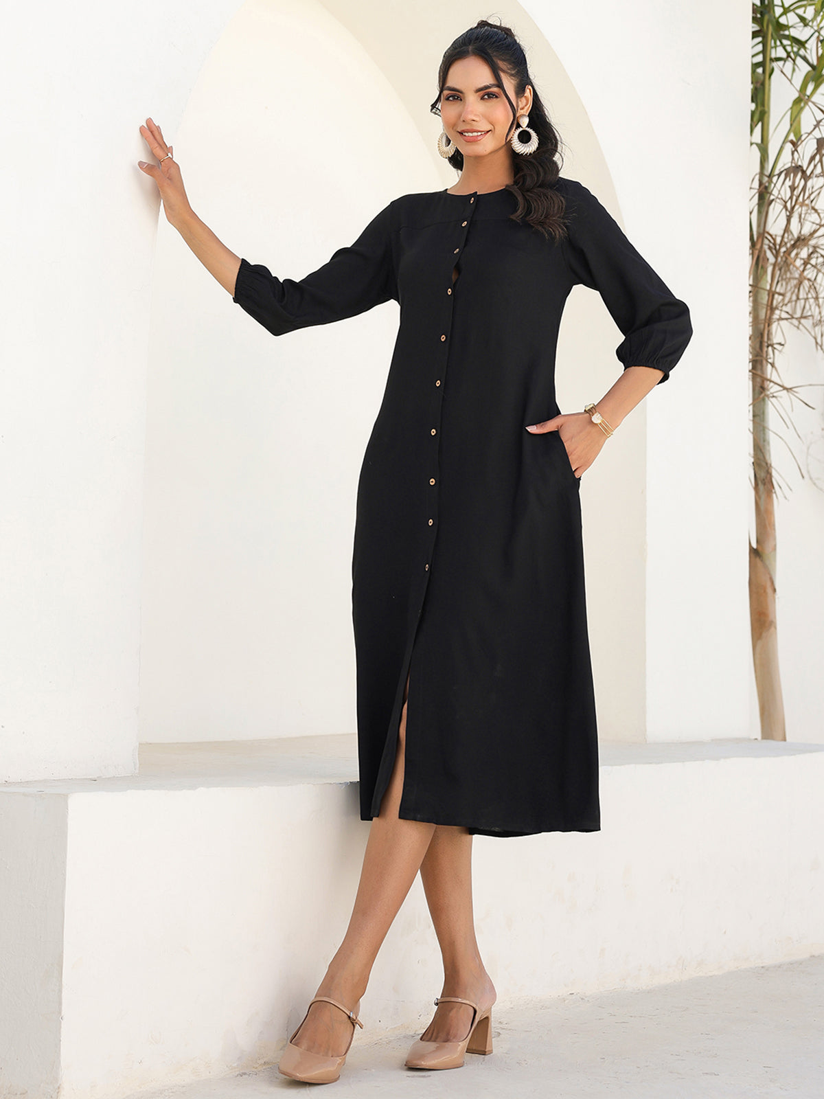 Janasya Dark Rayon Solid A-Line DRESS | Grocsy