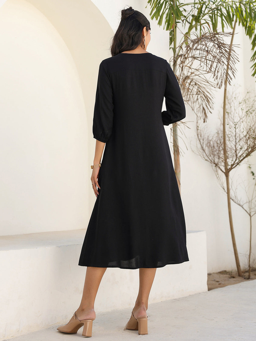 Janasya Dark Rayon Solid A-Line DRESS | Grocsy