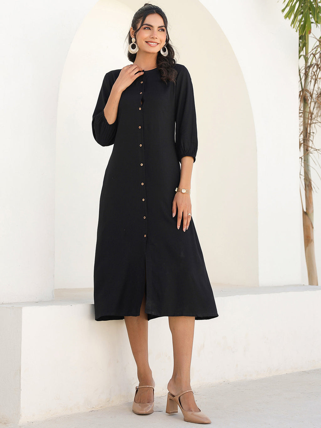 Janasya Dark Rayon Solid A-Line DRESS | Grocsy