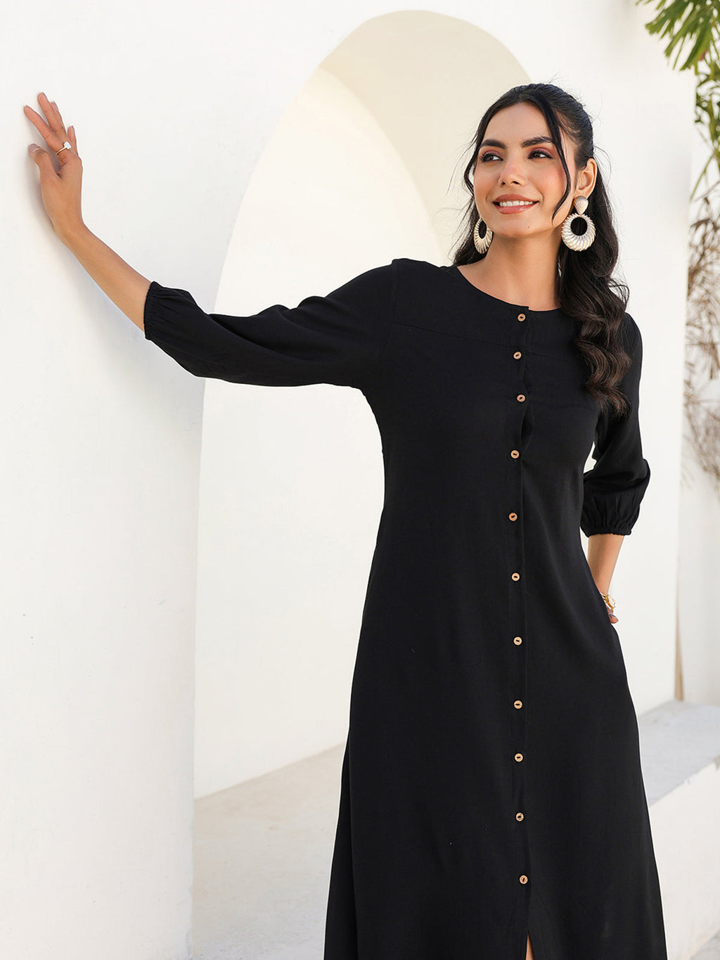 Janasya Dark Rayon Solid A-Line DRESS | Grocsy