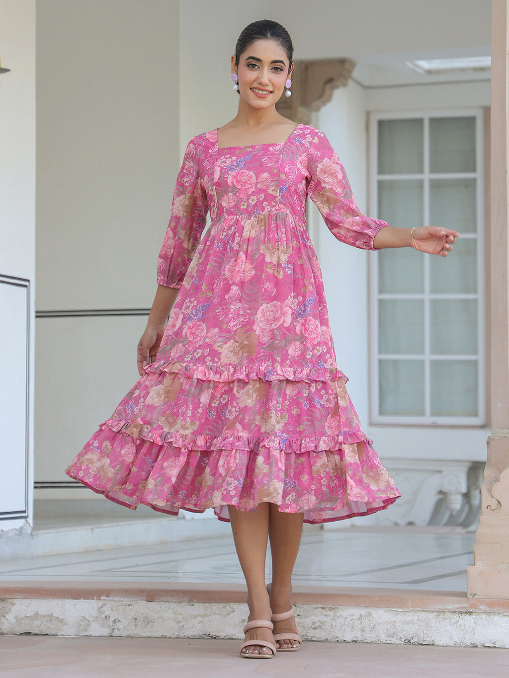 Janasya Dark Georgette Floral Tiered Dress | Grocsy