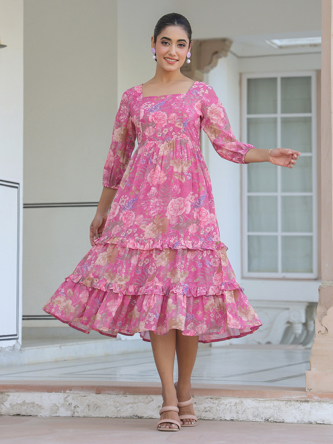 Janasya Dark Georgette Floral Tiered Dress | Grocsy