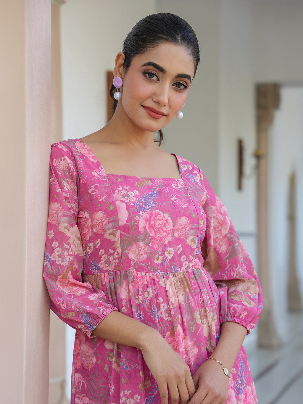 Janasya Dark Georgette Floral Tiered Dress | Grocsy