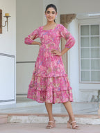 Janasya Dark Georgette Floral Tiered Dress | Grocsy