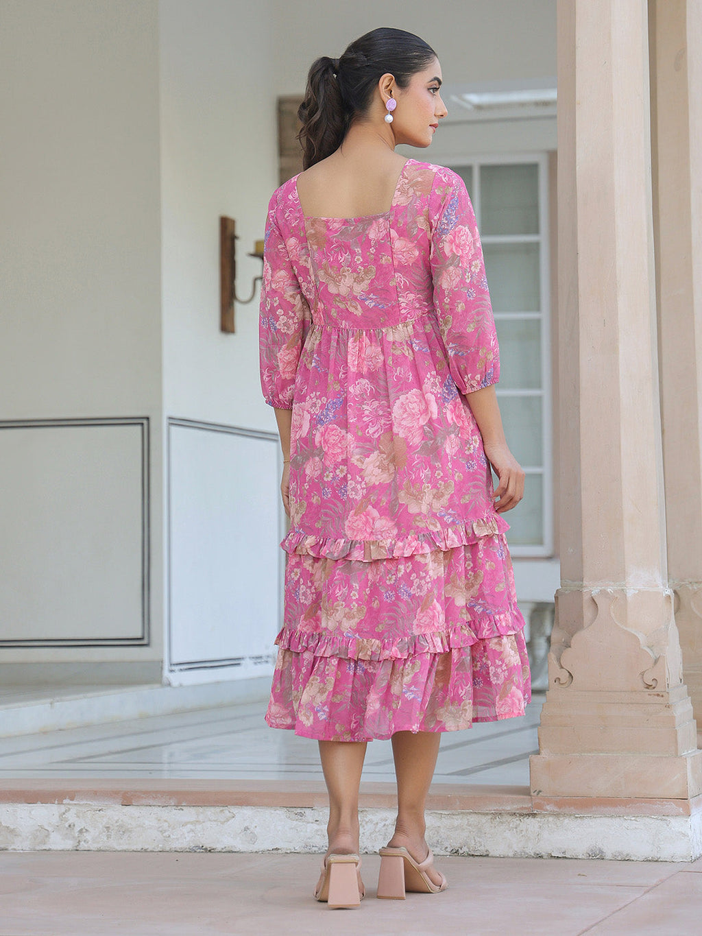 Janasya Dark Georgette Floral Tiered Dress | Grocsy