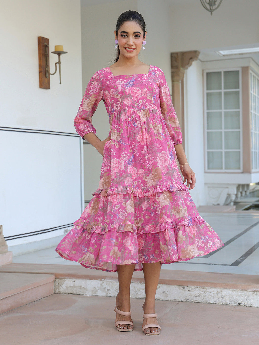 Janasya Dark Georgette Floral Tiered Dress | Grocsy