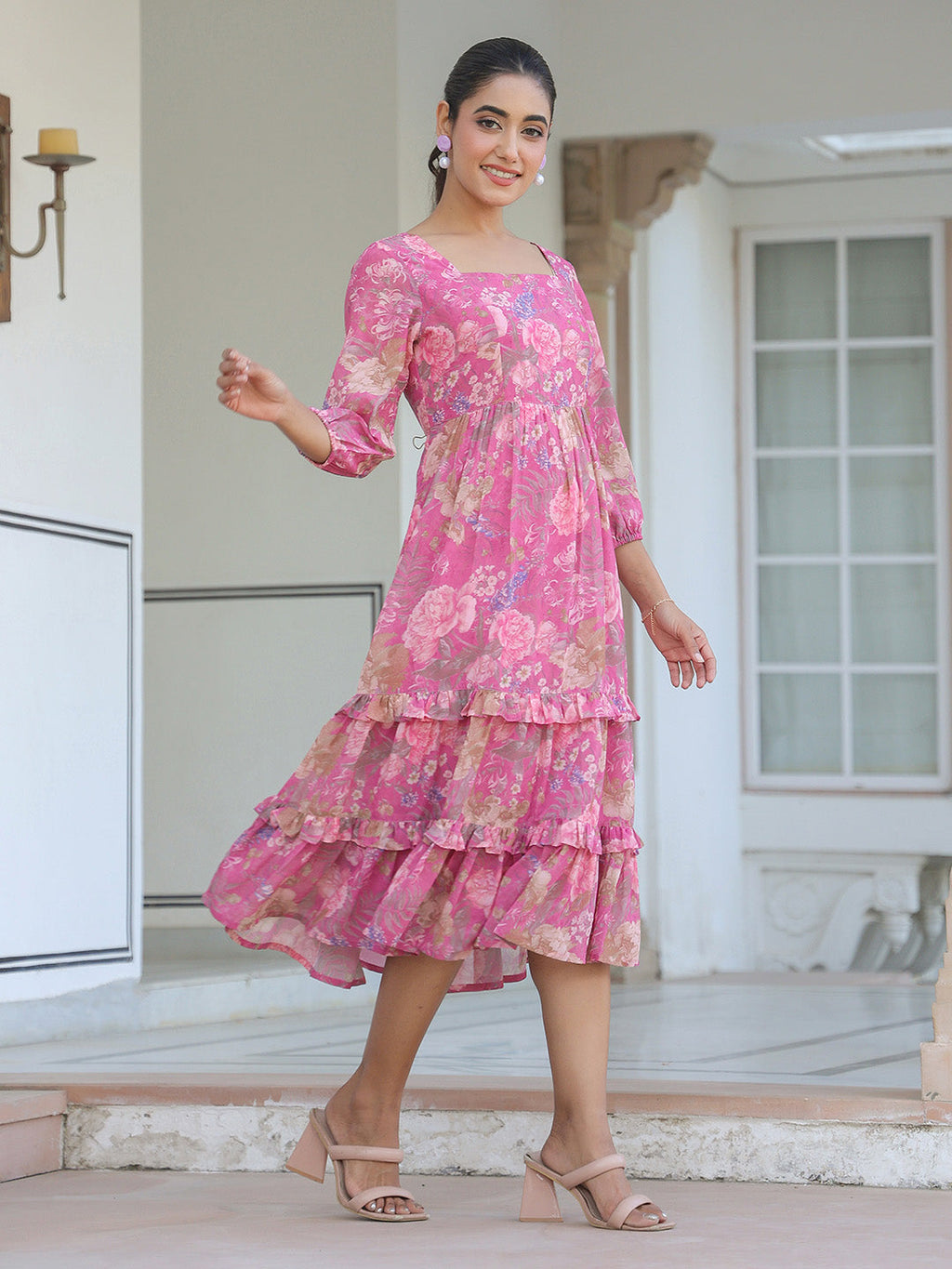 Janasya Dark Georgette Floral Tiered Dress | Grocsy
