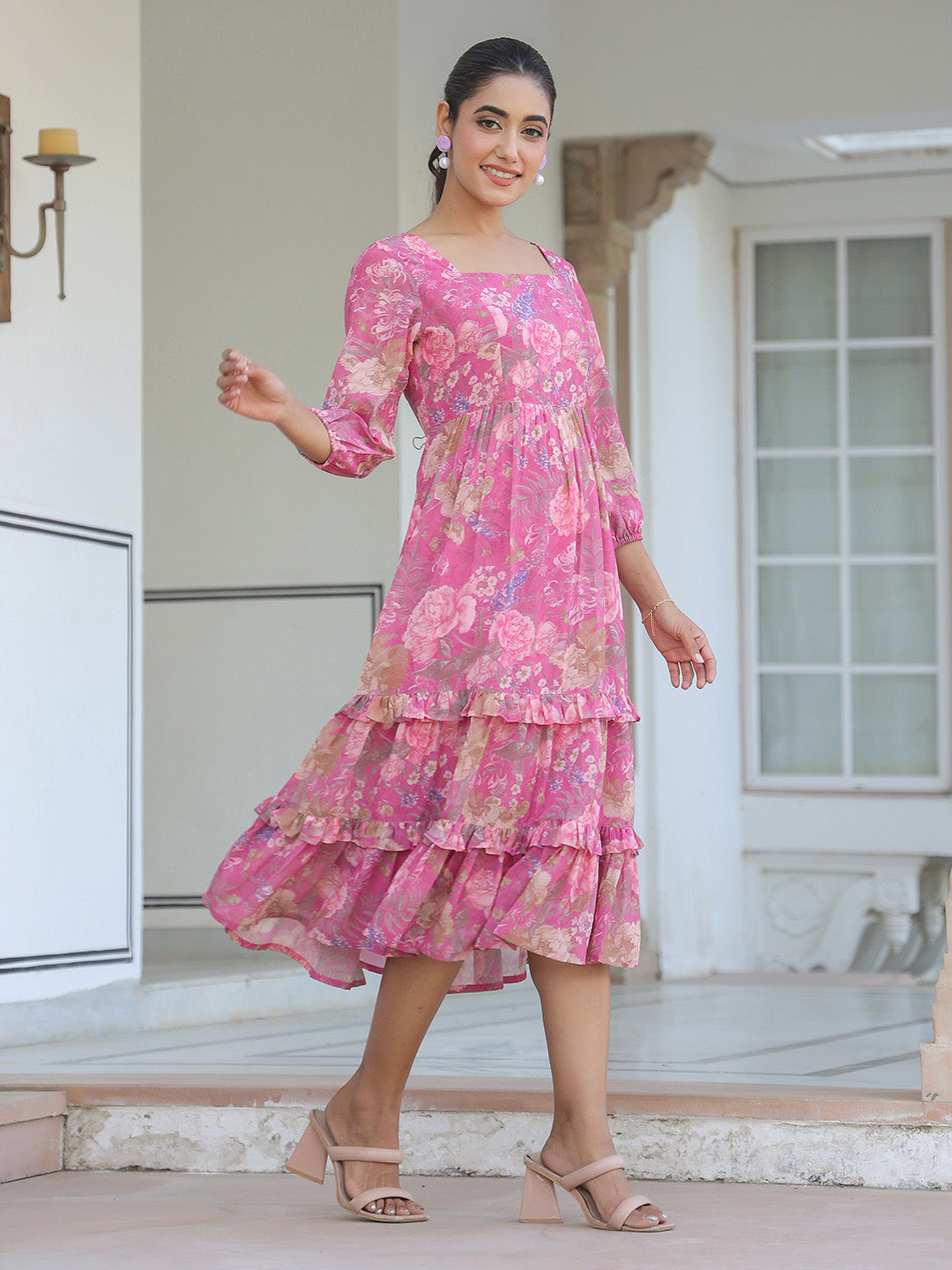 Janasya Dark Georgette Floral Tiered Dress | Grocsy