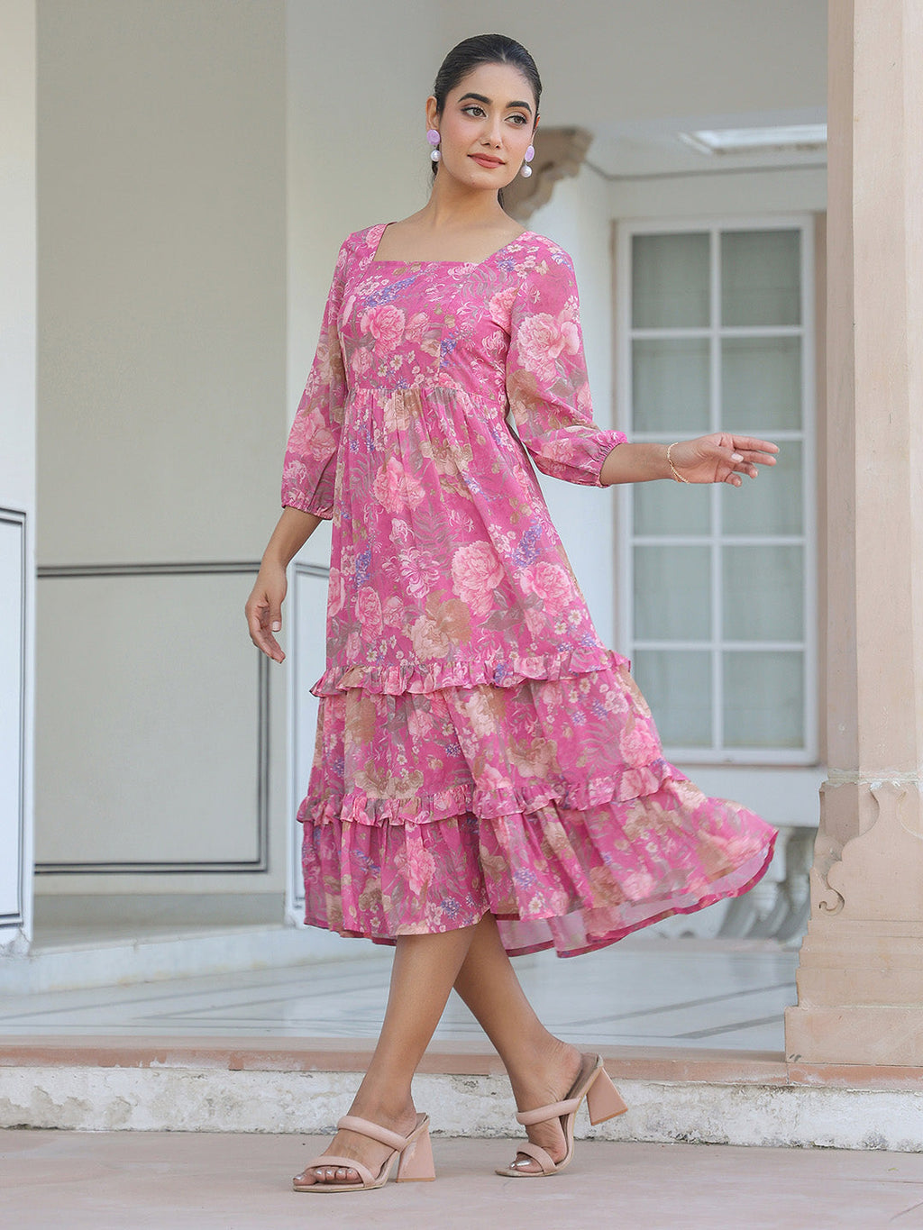 Janasya Dark Georgette Floral Tiered Dress | Grocsy