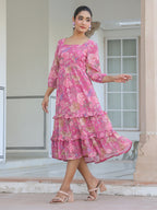 Janasya Dark Georgette Floral Tiered Dress | Grocsy
