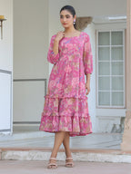 Janasya Dark Georgette Floral Tiered Dress | Grocsy