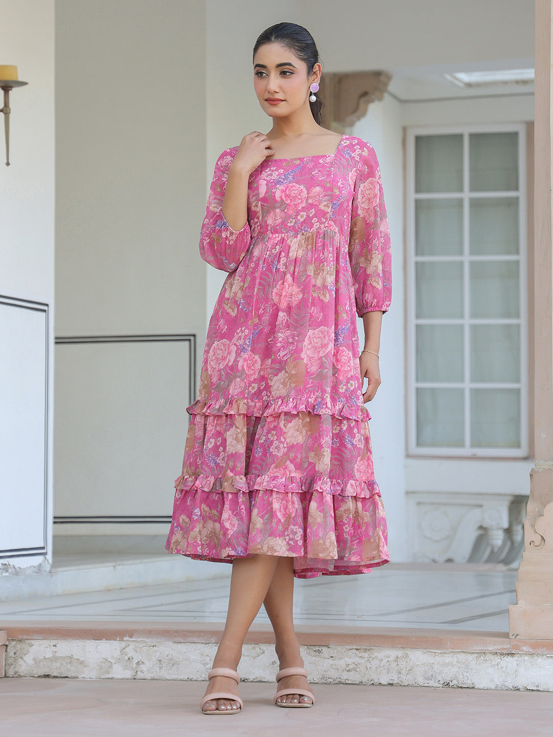 Janasya Dark Georgette Floral Tiered Dress | Grocsy