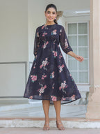Janasya Dark Georgette Floral A-Line Dress | Grocsy
