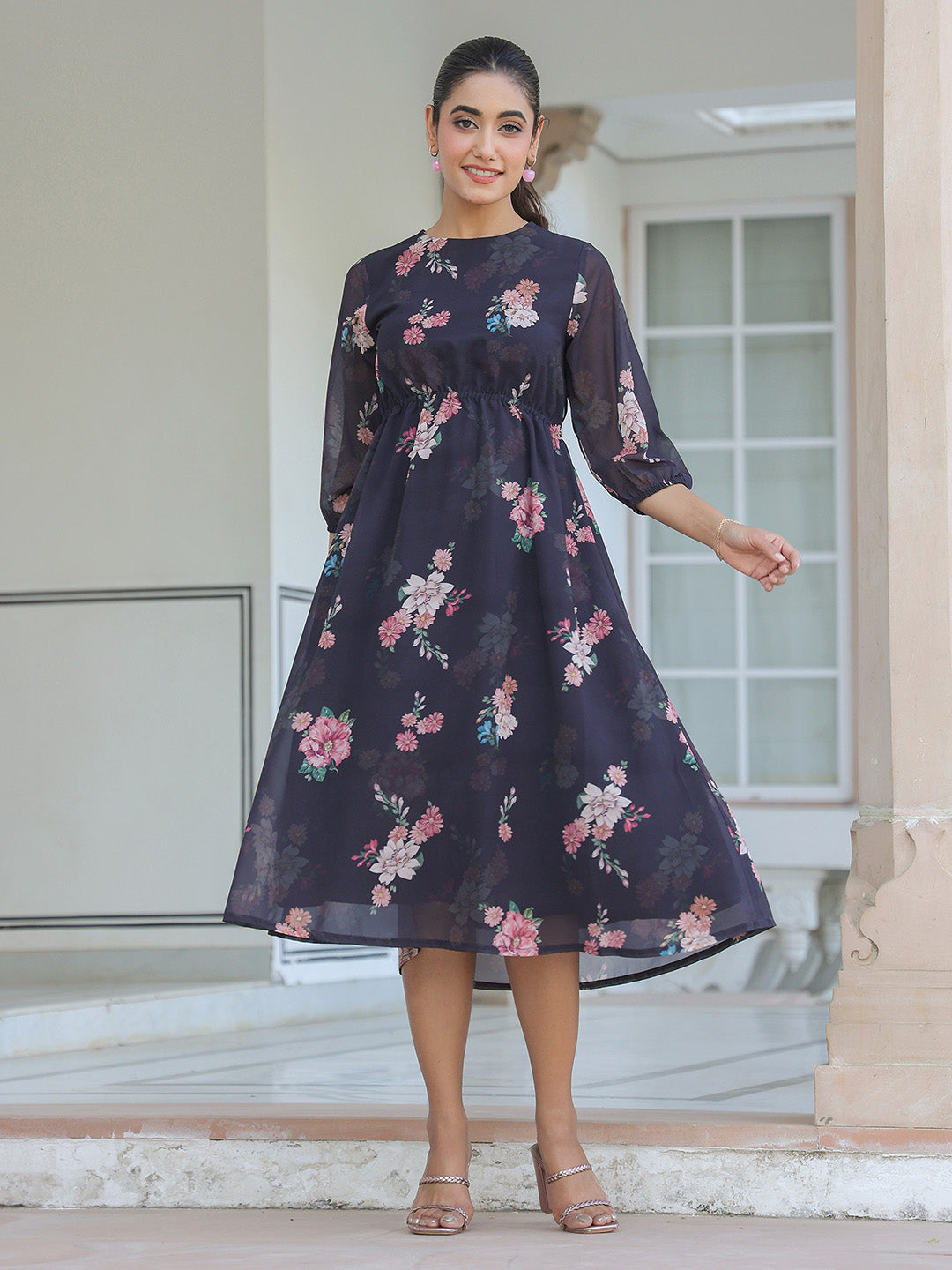 Janasya Dark Georgette Floral A-Line Dress | Grocsy