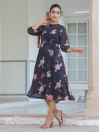 Janasya Dark Georgette Floral A-Line Dress | Grocsy