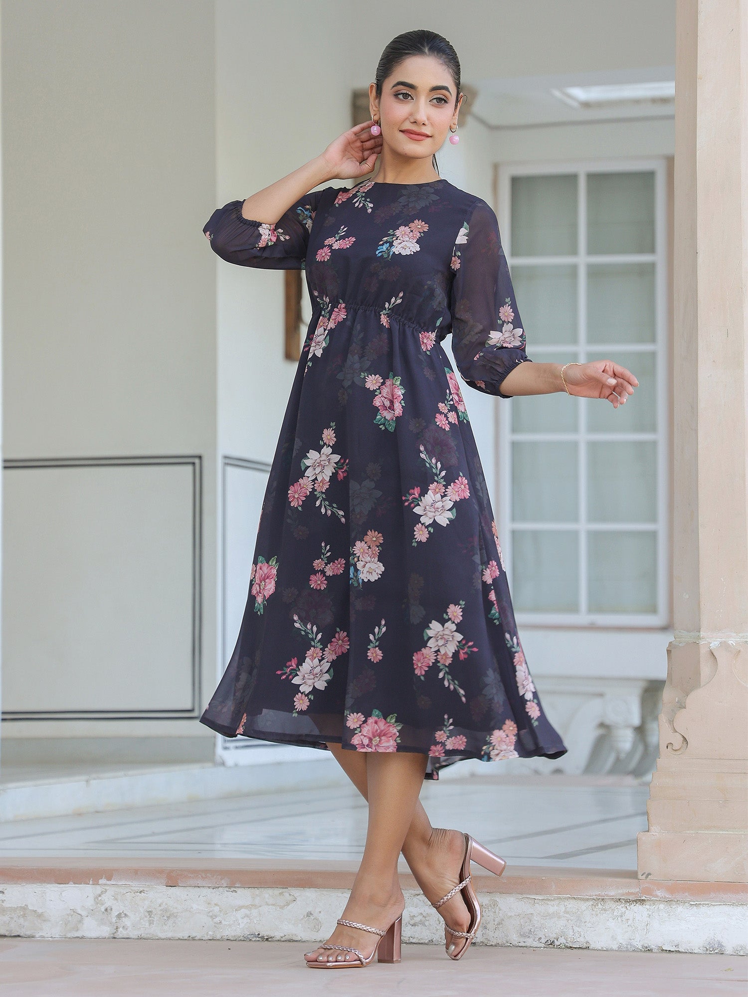 Janasya Dark Georgette Floral A-Line Dress | Grocsy
