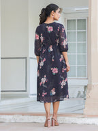 Janasya Dark Georgette Floral A-Line Dress | Grocsy