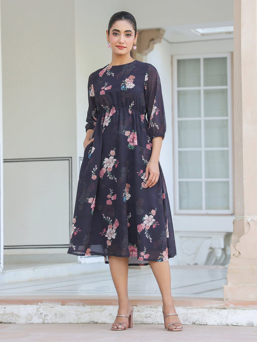 Janasya Dark Georgette Floral A-Line Dress | Grocsy