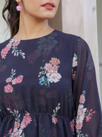 Janasya Dark Georgette Floral A-Line Dress | Grocsy
