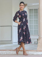 Janasya Dark Georgette Floral A-Line Dress | Grocsy