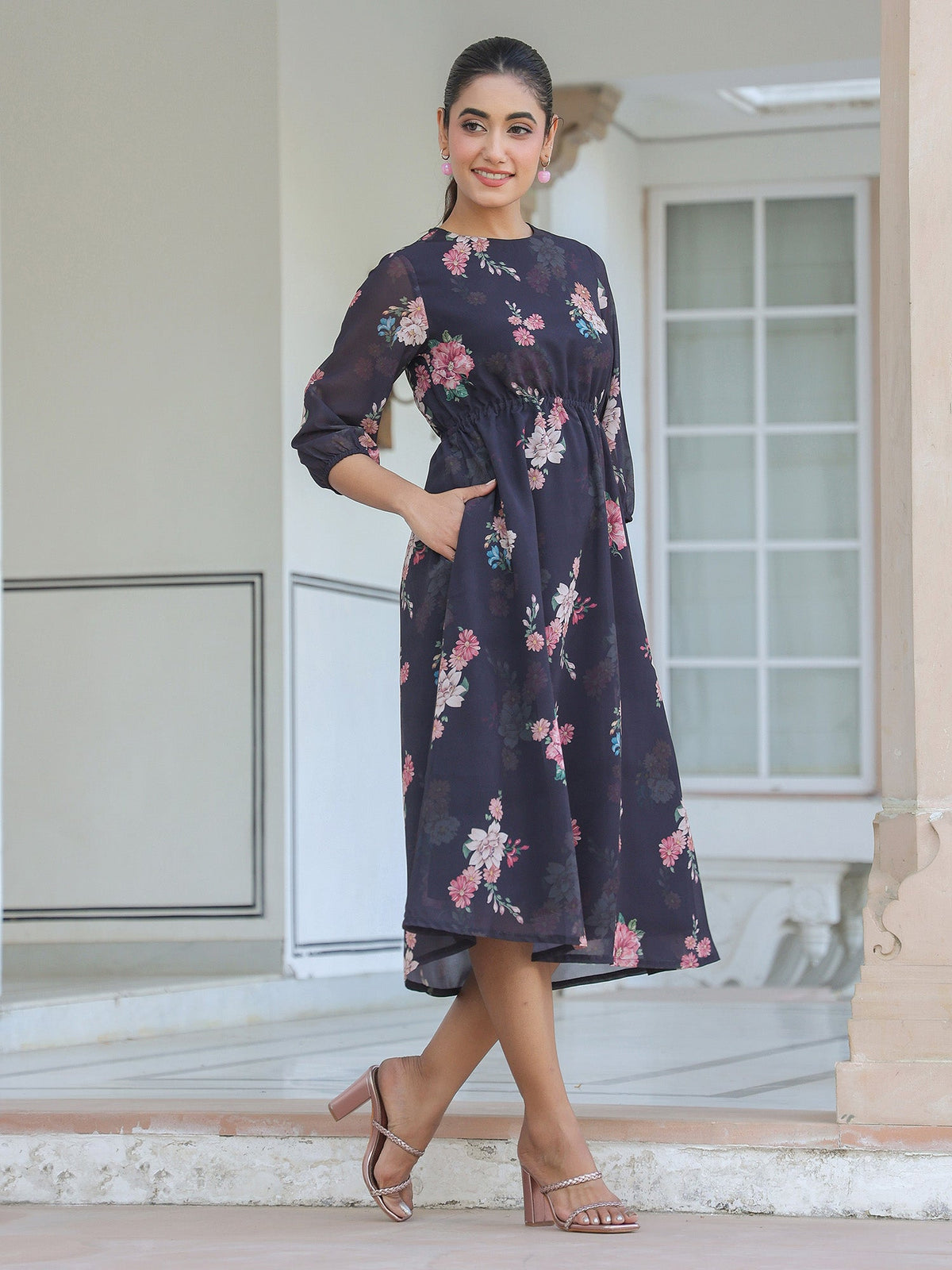 Janasya Dark Georgette Floral A-Line Dress | Grocsy