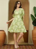 Janasya Light Cotton Floral A-Line Dress | Grocsy