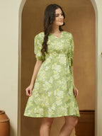 Janasya Light Cotton Floral A-Line Dress | Grocsy