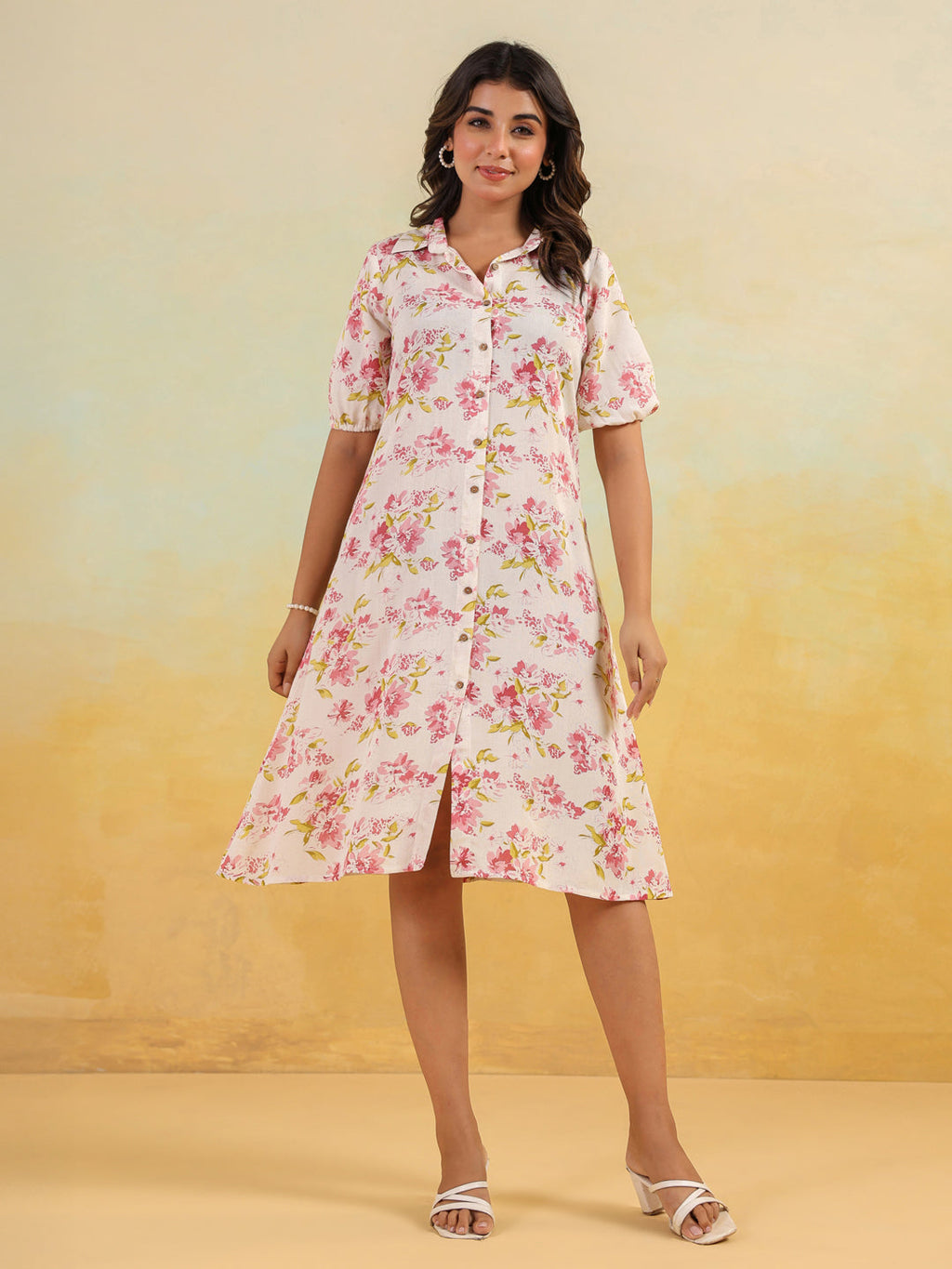 Janasya Light Cotton Floral A-Line Dress | Grocsy