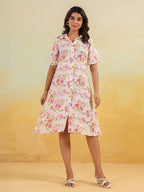 Janasya Light Cotton Floral A-Line Dress | Grocsy